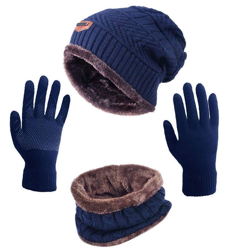 HINDAWI Slouchy Beanie Scarf Gloves Set for Women Men Warm Skull Cap Scarves Touch Screen Mittens Navy - Image 1